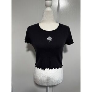 Hollister Black Ribbed Baby Tee Embroidered Flower Lettuce Trim Cropped Small